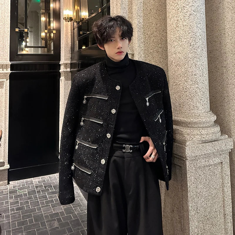 multi zipper sequin woolen jacket men french retro fashionable casual christmas jacket spring autumn coat stage show clothing clean everyday pants