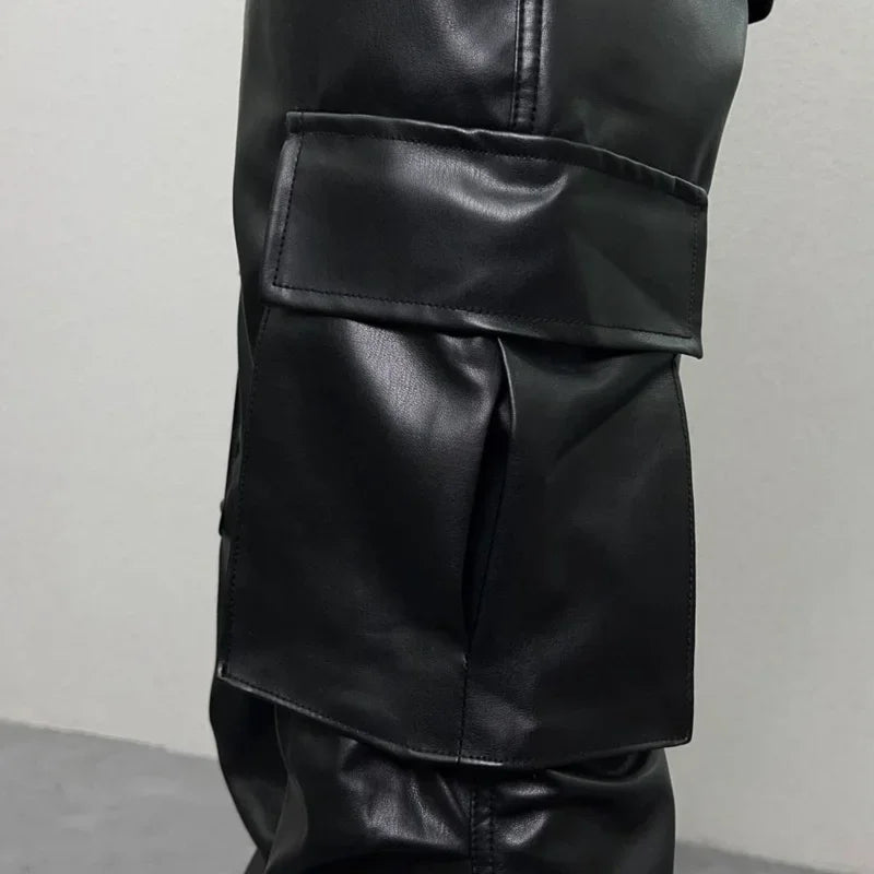 pu leather pants mens streetwear fashion hip hop vibe casual faux leather cargo flared pant men motorcycle trousers unique cargo style 2929