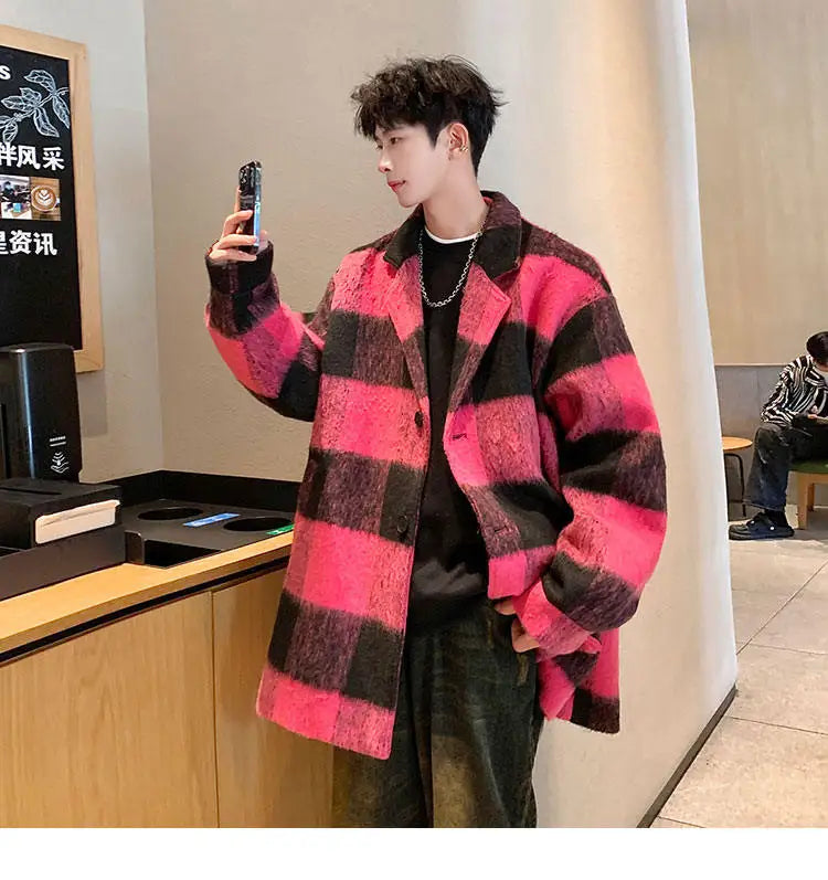 plaid woolen trenchcoat men autumn winter fashion retro streetwear suit collar loose casual trendy trench coat outerwear unique default style 1201