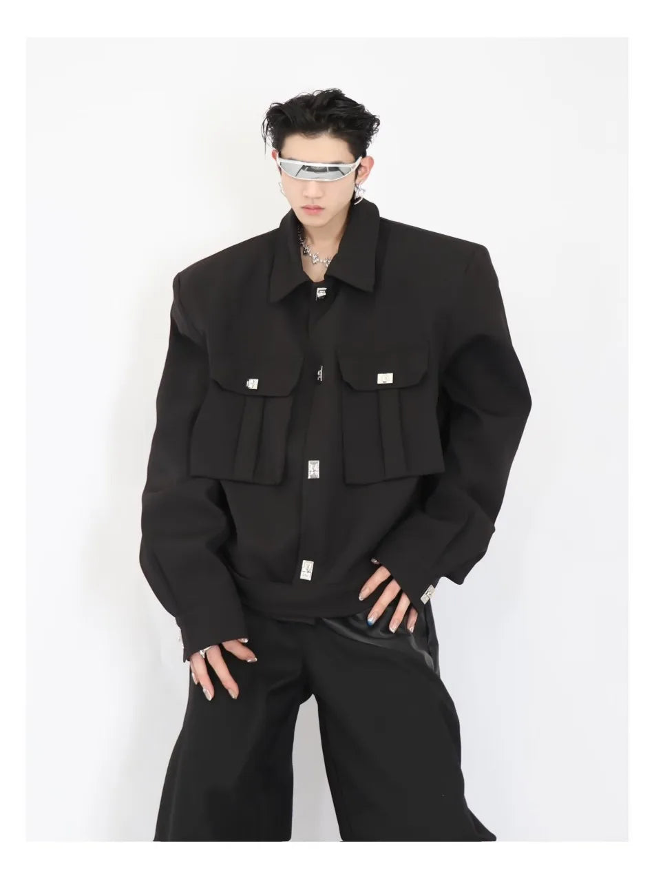 trendy high street jacket mens unisex metal button shoulder pad short coats multi pocket punk hip hop loose outwear oversized unique shorts style 3545