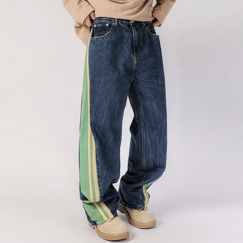 men streetwear fashion side splice hip hop loose casual wide leg straight baggy jeans pant cityboy jeans pants trousers vintage washed jeans