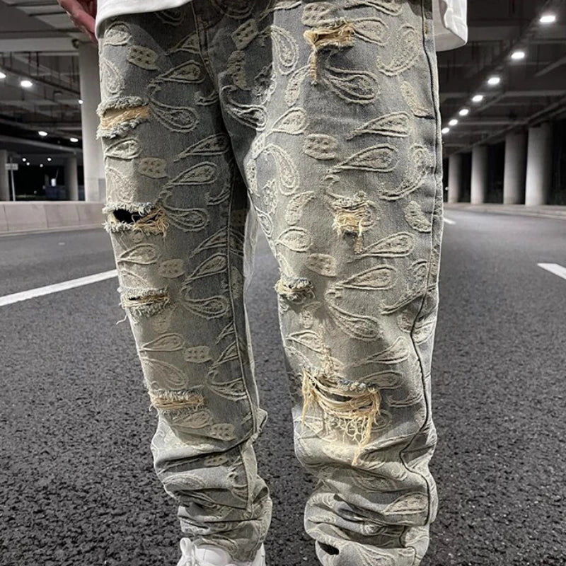 fashion paisy denim jeans mens destoryed holes zipper jeans pants hip hop streetwear new summer casual joggers loose jeans pants relaxed fit joggers
