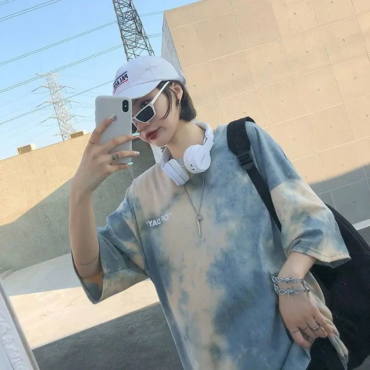 Summer national trend hip-hop tie-dye short-sleevedstyle Korean version ins loose couple's five-point half-sleeved T-shirt top Street King Limited