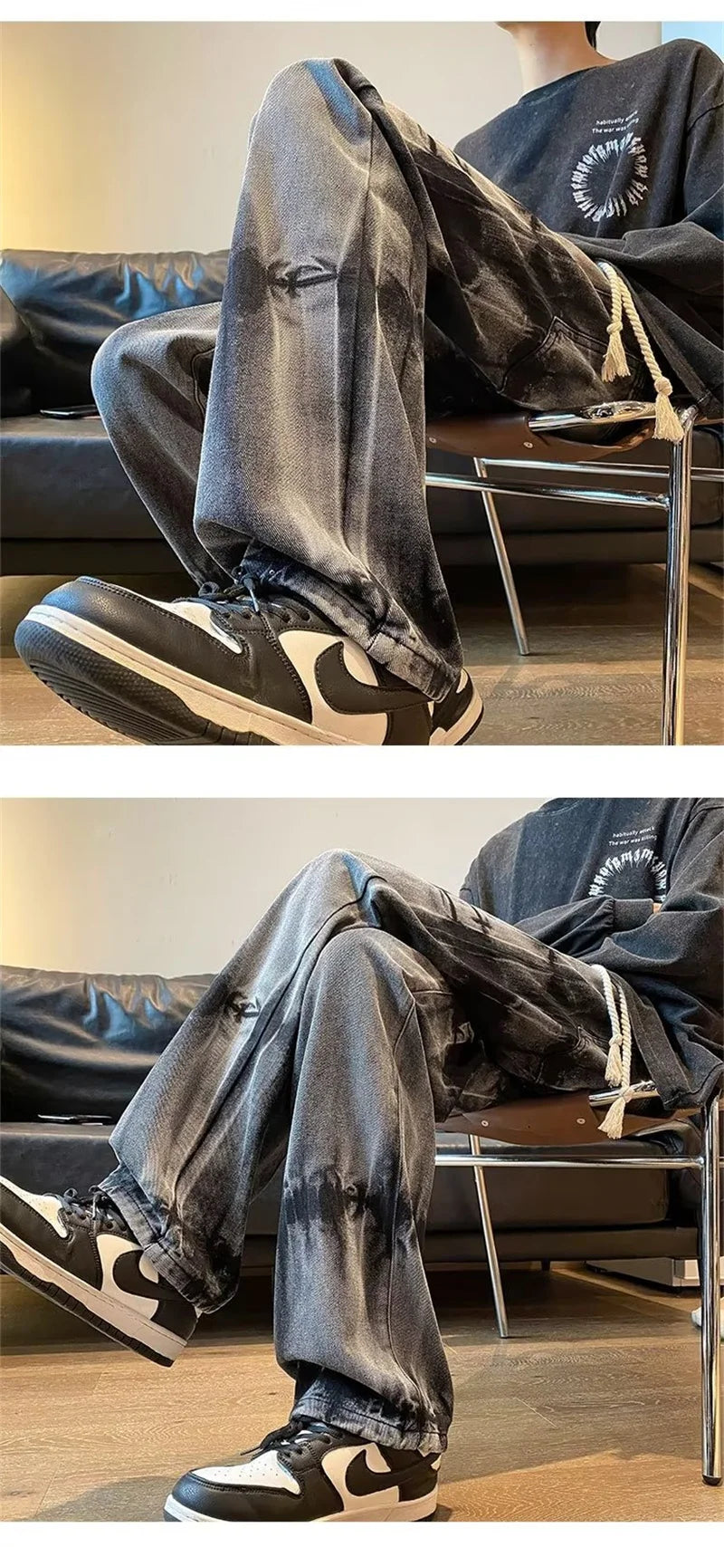 2025 new tie dye retro drawstring jeans for men baggy high street straight pants hip hop fashion casual y2k jean hombre pantalon unique jeans style 853