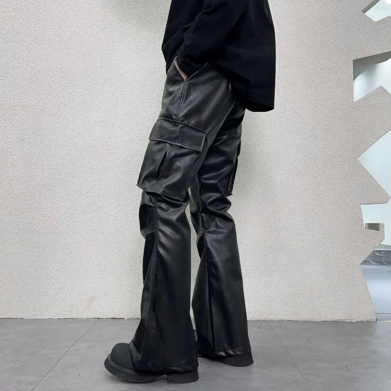 pu leather pants mens streetwear fashion hip hop vibe casual faux leather cargo flared pant men motorcycle trousers unique cargo style 2940