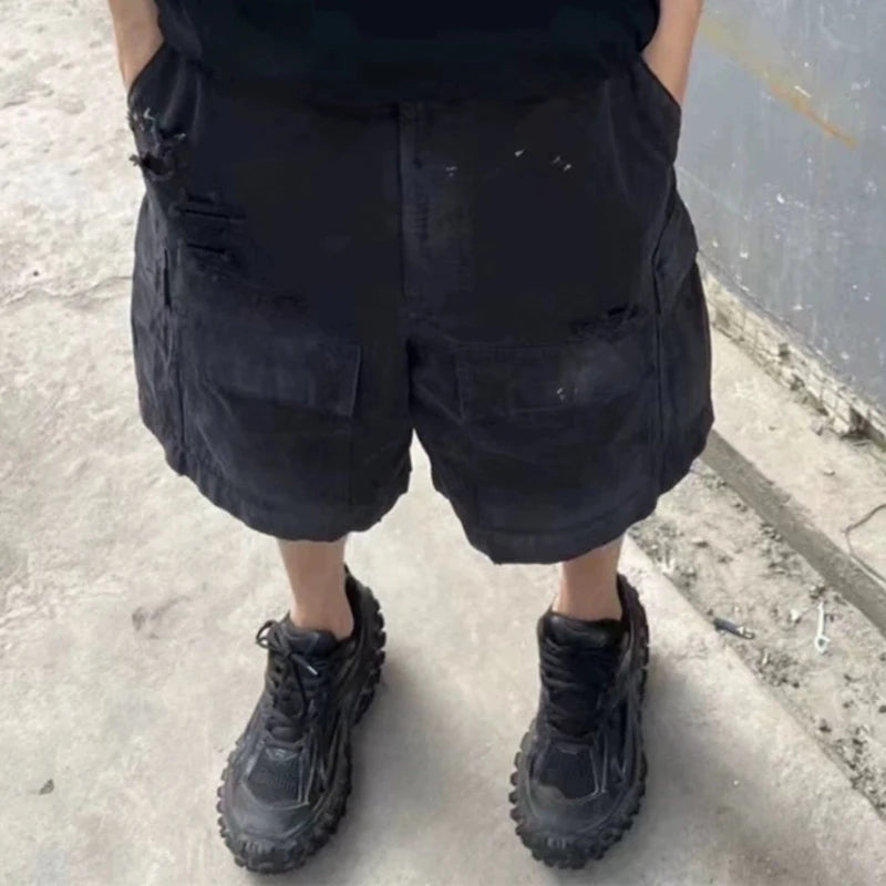 Vintage Ripped Damaged Black Cargo Shorts for Men High Street Wide Leg Baggy Overalls Distressed Summer Knee Length Pants Street King Limited