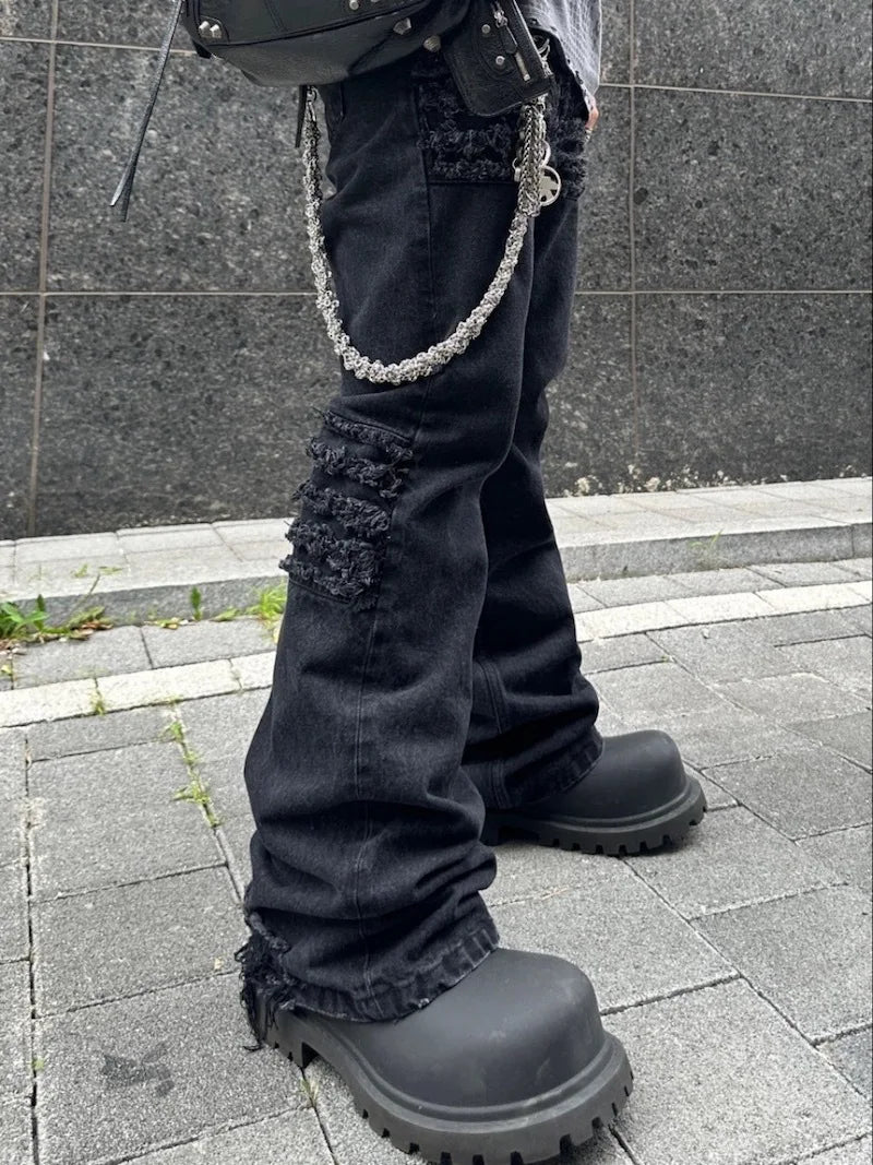 y2k streetwear trendy oversized micro flare jeans black ro hip hop washed tassel distressed denim jean raw edge mens wide pants unique jeans style 4771