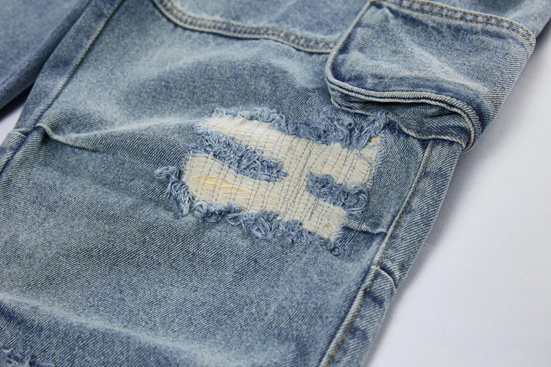 mens baggy jeans side big pocket distressed ripped denim jean straight pants high street cargo jean pants hip hop joggers jeans unique joggers style 1989