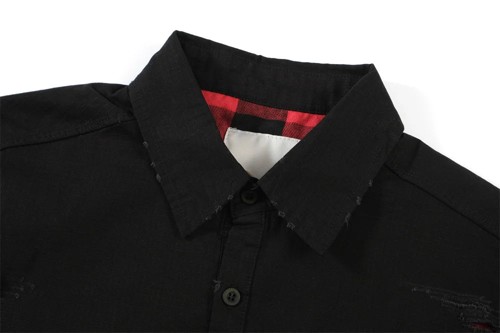 Undermycar 2023 New Worn Out Heavy Work Durable Splice Extra Large Loose Plaid Shirt with Black and Red Plaid Street King Limited