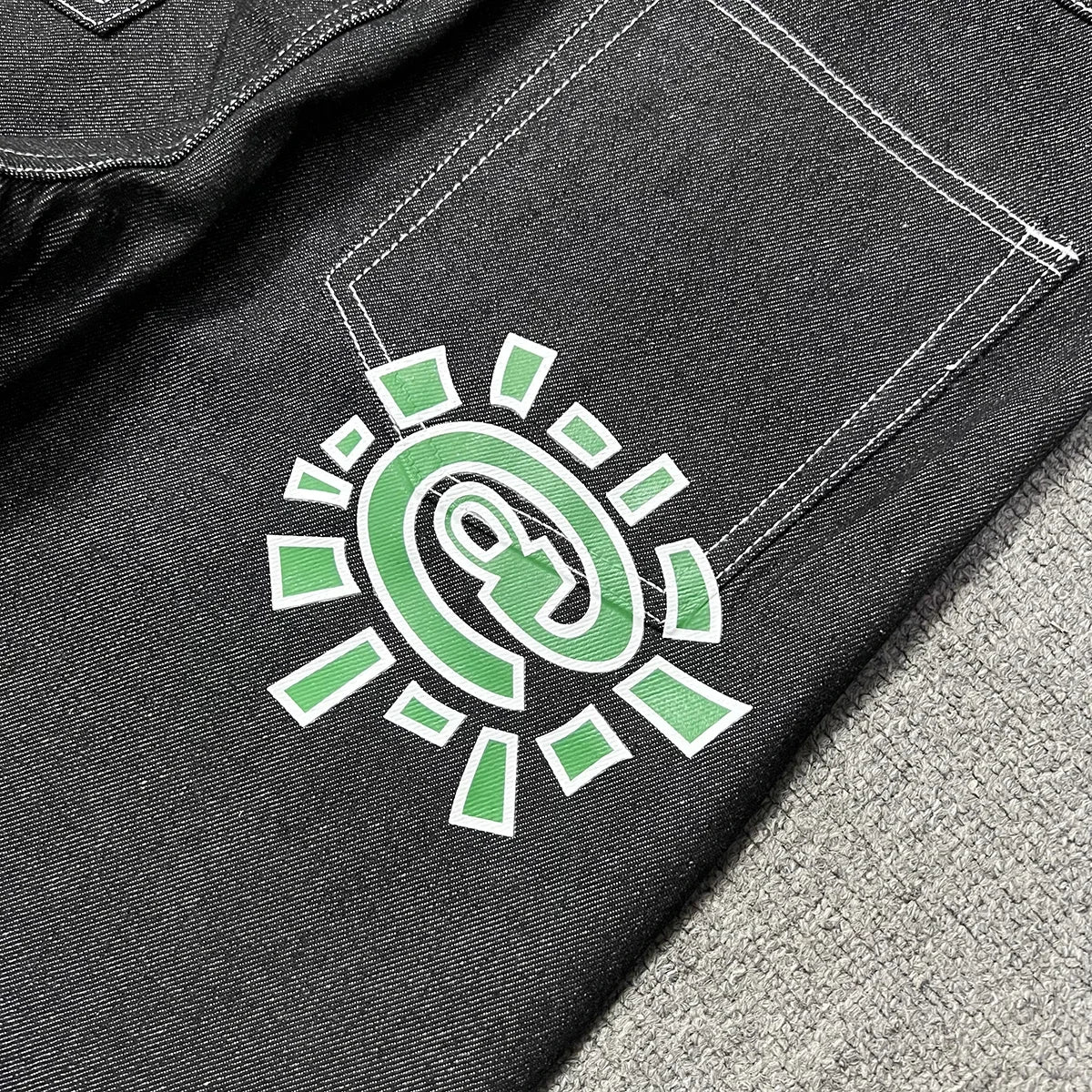 Streetwear Green Logo Print Black Baggy Jeans for Men and Women Straight Casual Loose Denim Trousers Oversized Cargo Pants Street King Limited