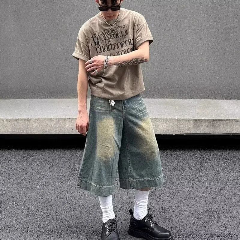 Summer Trend Denim Cropped Trousers Mens American Hip Hop Washed Wide Leg Shorts Unisex High Street Straight Cowboy Mid Pants Street King Limited