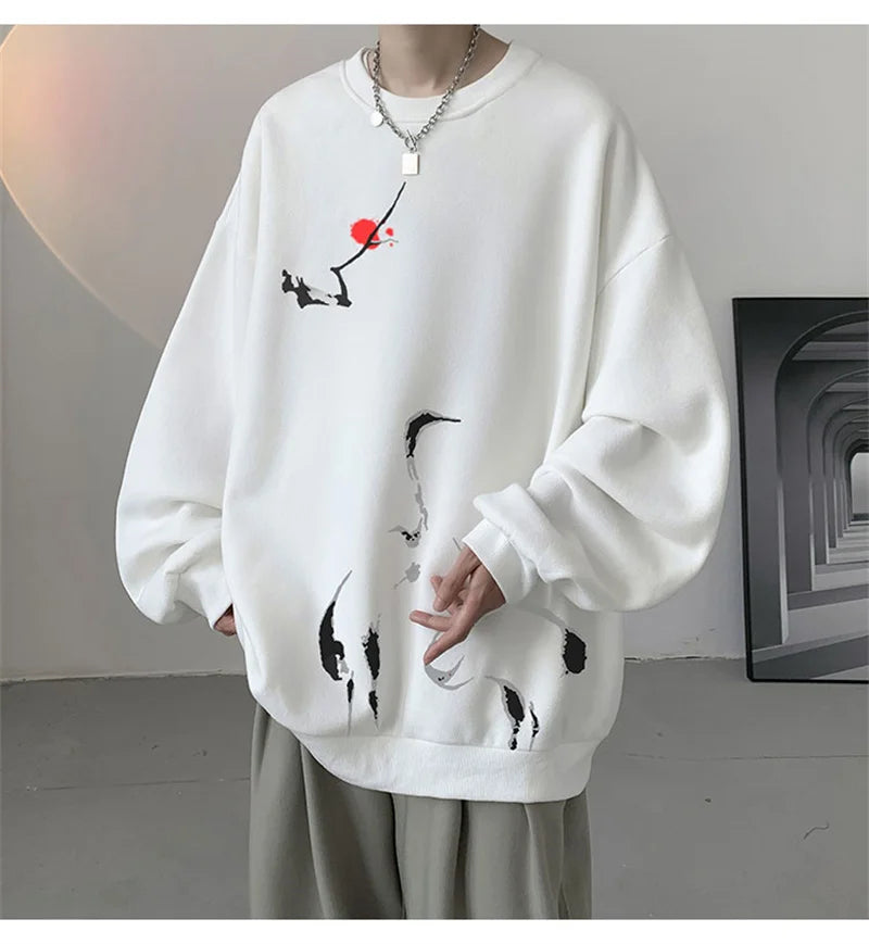 Ink Painting Cartoon Crane Printed Pullover Hoodies For Men 2024 New Hip Hop Fashion Crewneck Hoody Y2K Streetwear Sweatshirts Street King Limited