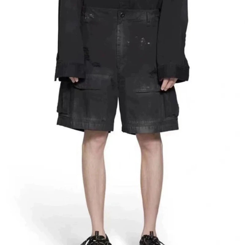 Vintage Ripped Damaged Black Cargo Shorts for Men High Street Wide Leg Baggy Overalls Distressed Summer Knee Length Pants Street King Limited