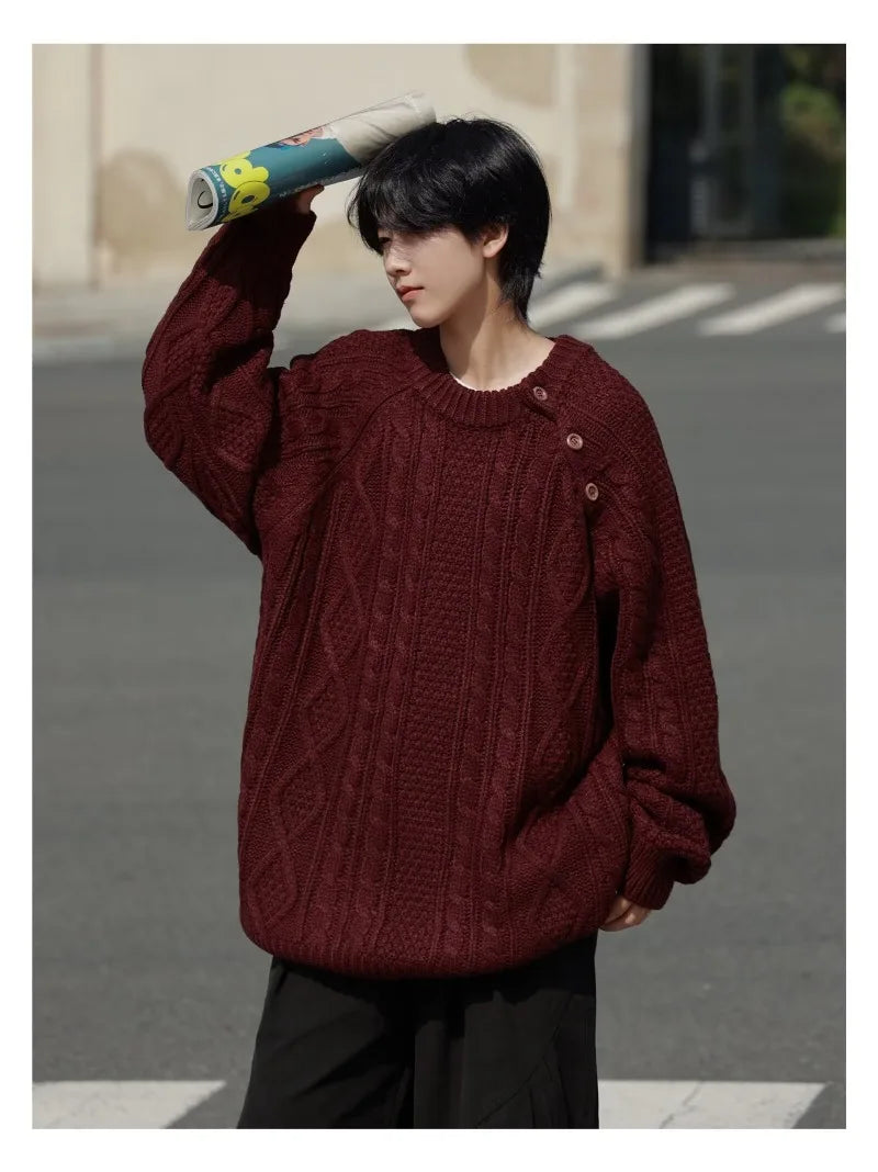 Thicken Japanese Retro Sweater Mens 2024 New College Couples Casual Warm Round Neck Pullover Red Simplicity Knitted Jacket Street King Limited