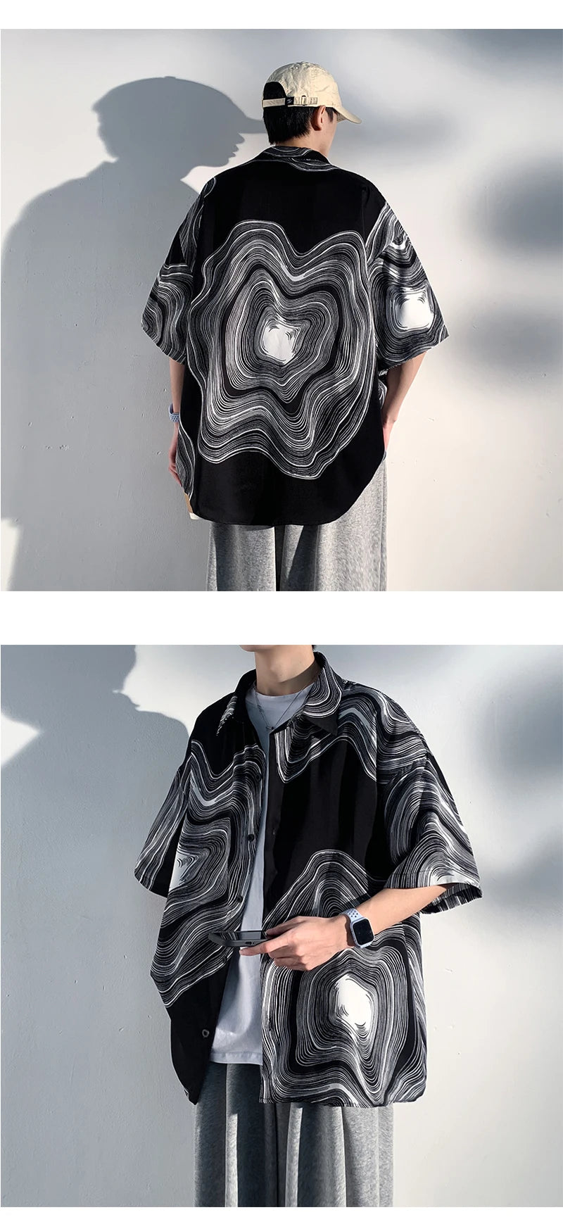 Summer Short Sleeve Shirt Men Fashion Retro Print Shirt Men Loose Black White Ice Silk Shirts Mens Hawaiian Shirt Large Size Street King Limited