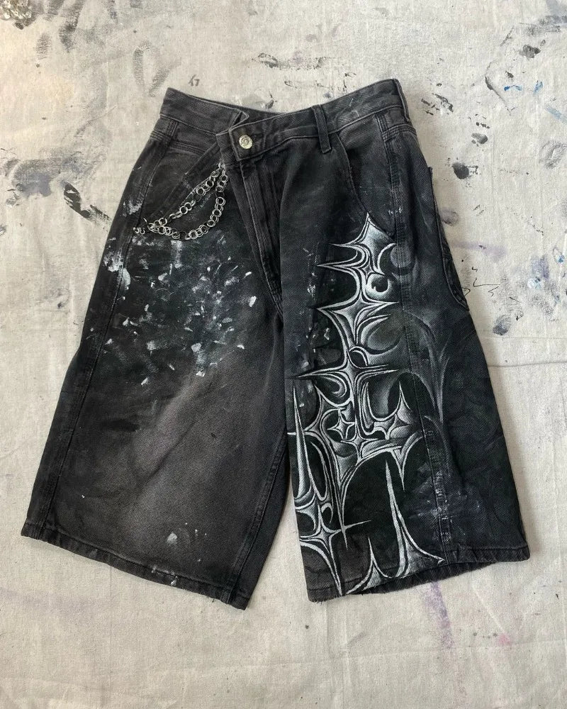 y2k american street retro graffiti anime print oversized denim shorts men shorts high waist fashion loose casual wide leg pants unique jeans style 3368