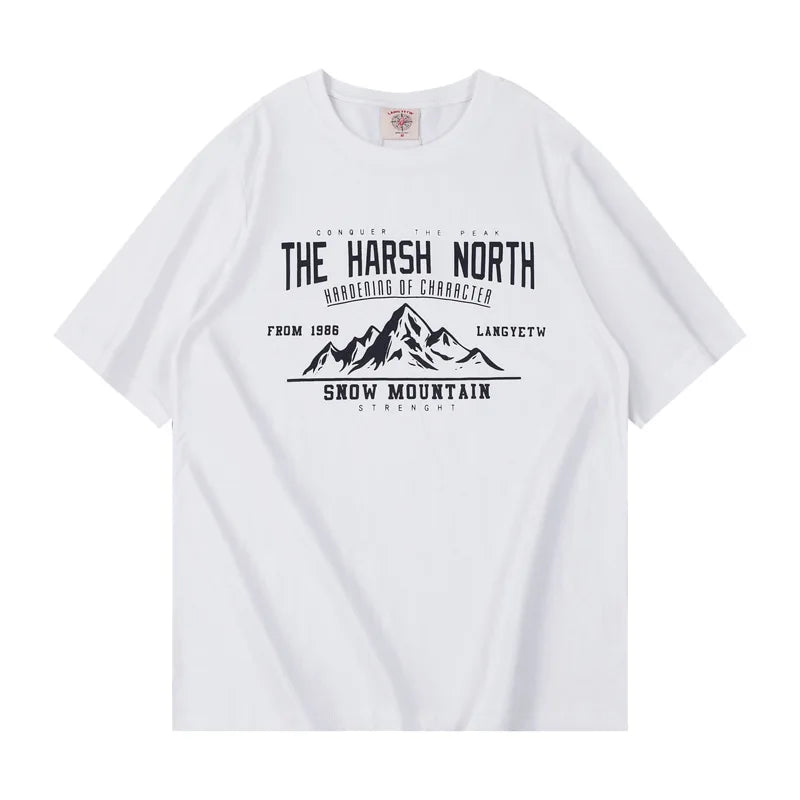 Summer New 220g Pure Cotton Short-Sleeved T-Shirt Men's Japanese Vintage Printed Round Neck Loose Top Street King Limited