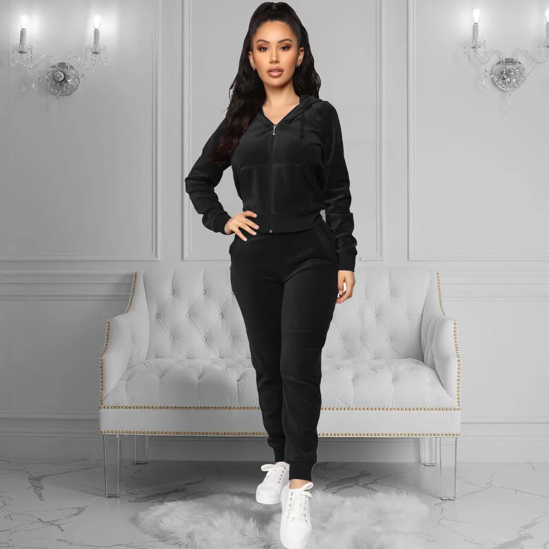 Women's Velvet Hooded Zipper Sweater Elastic Waist Trousers Two-piece Set Fashion Personality Trend Clothing Two-piece Slim Suit Street King Limited