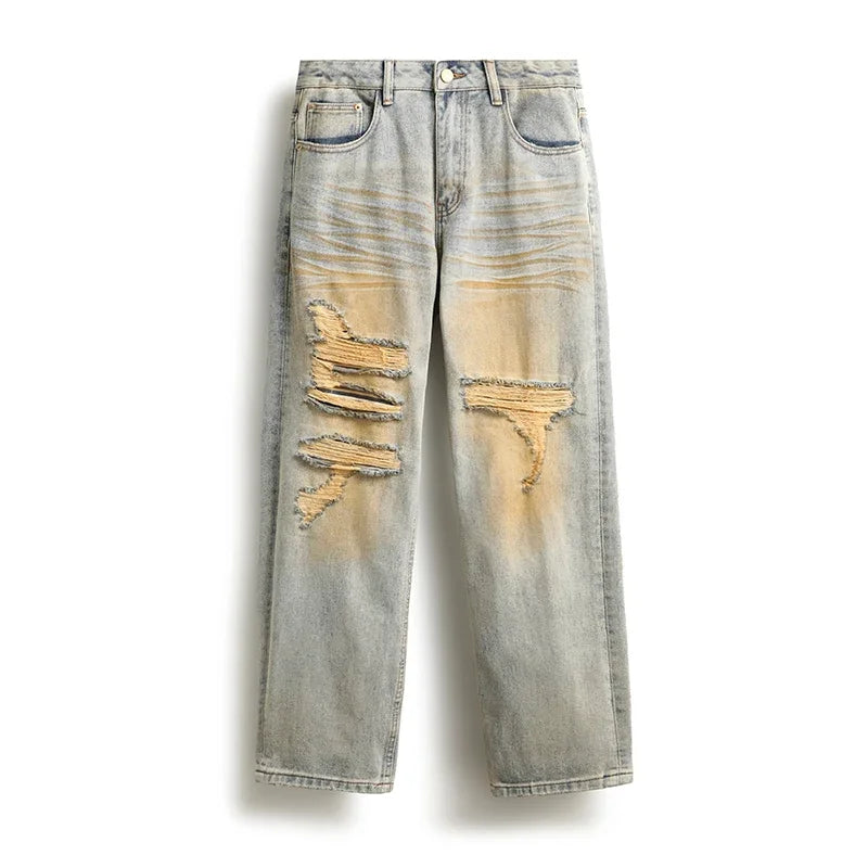 men patch hole distressed plus size denim pant ripped jeans streetwear fashion hip hop vibe loose casual baggy jeans trousers 40 unique jeans style 3090