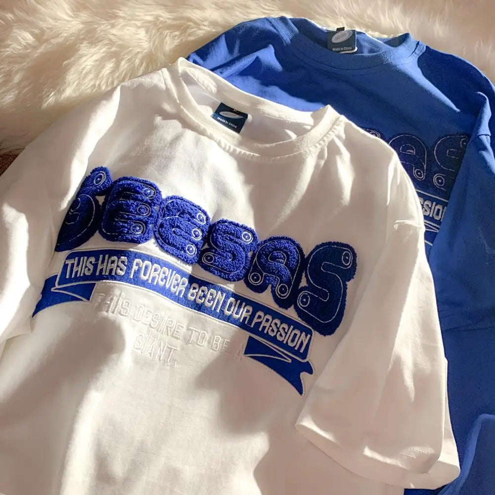 Retro Klein Blue Flocking Embroidery T Shirts Fashion Preppy Oversized Short Sleeve Tops 2022 Summer Large 3XL Casual Men Women Street King Limited