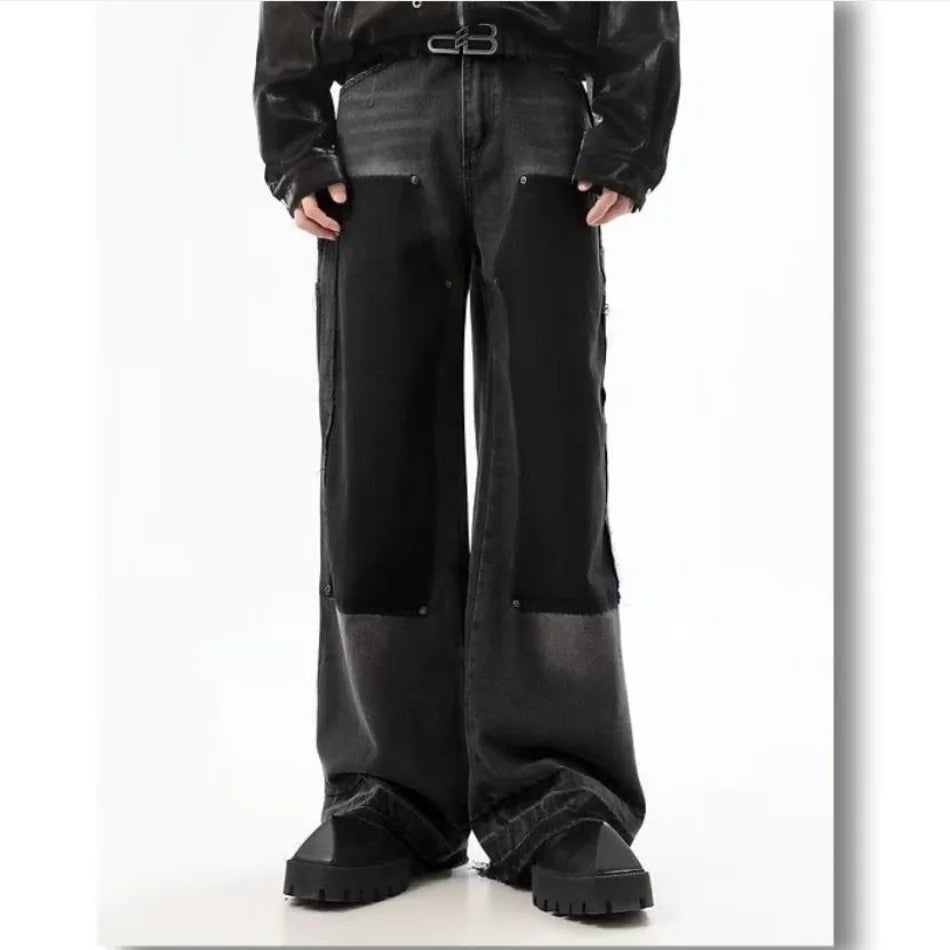 Summer Slim High Street Jeans Mens Washed Rough Edge Patchwork Straight Cowboy Pants Pockets Design Rivets Denim Trousers Thin Street King Limited