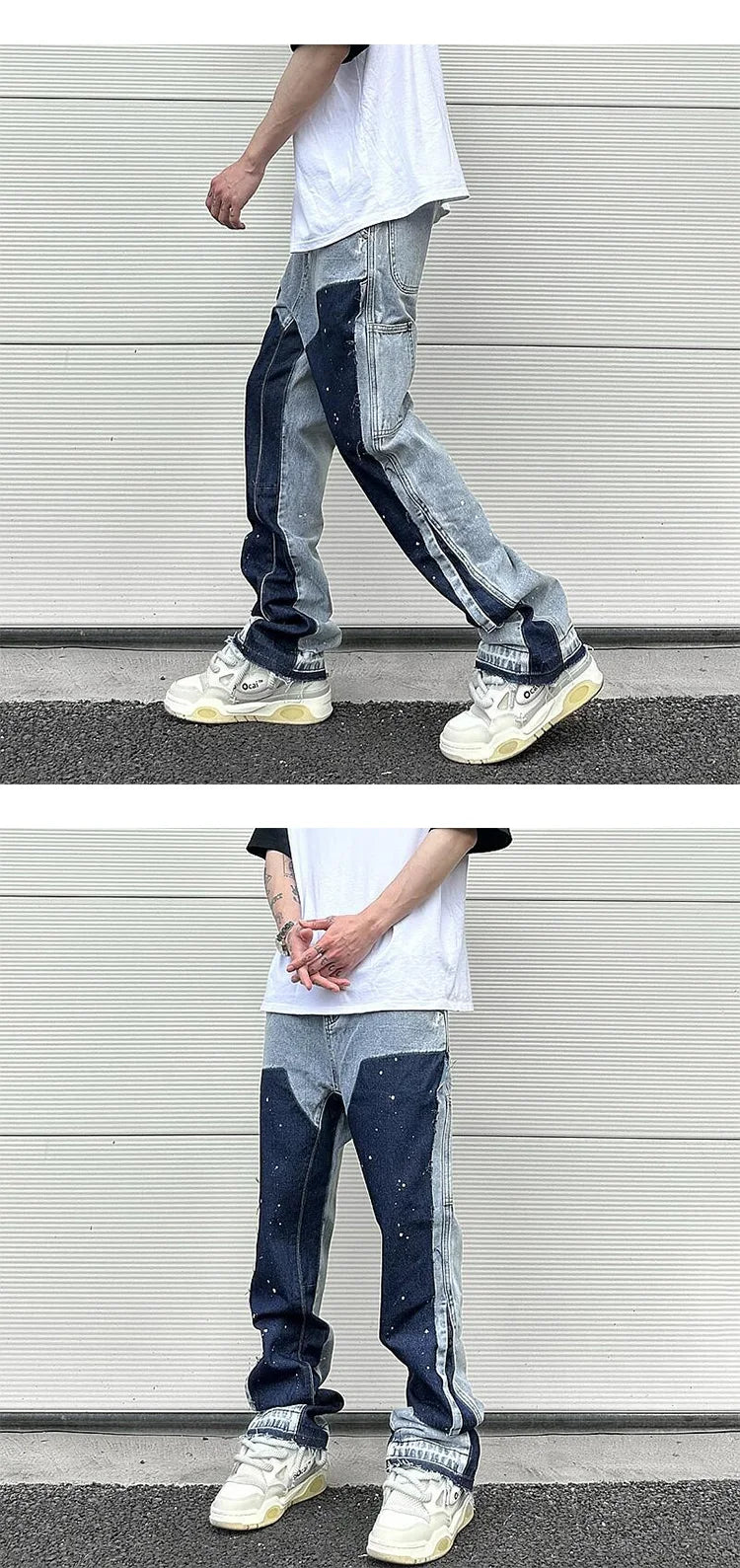 Harajuku Black Graffiti Flared Jeans Pants Patches Hip Hop Splashed Ink Wide Jeans Trousers Blue Slim Fit Washed Jeans for Men Street King Limited
