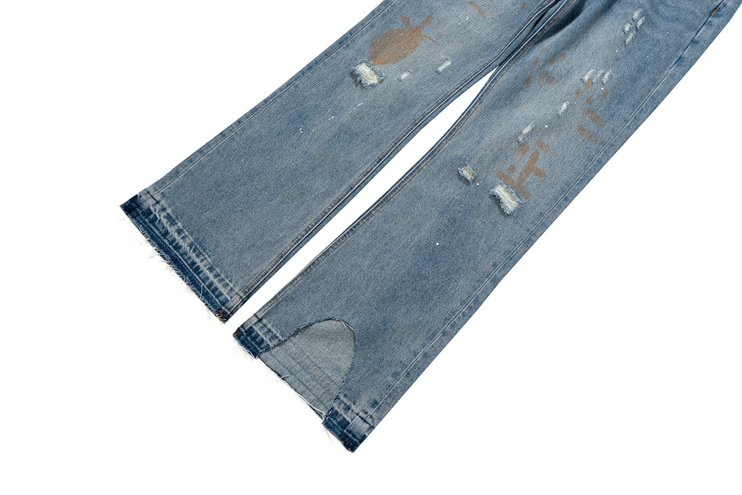 Burn Damaged Mud Dyed Washed Blue Micro Flared Jeans for Men Hip Hop Hole Distressed Baggy Denim Trousers Oversiozed Cargos Street King Limited