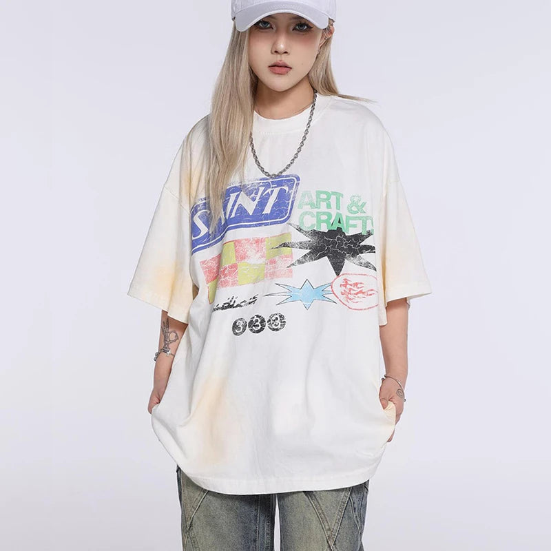 Saint T-shirts New Vintage Wash Letter Printing Chaopai High Street Men Woman Loose Casual Short Sleeve Top Tee Street King Limited