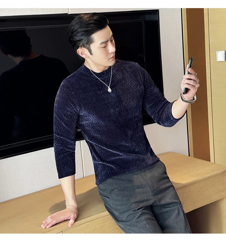 Autumn Winter Semi-turtleneck Stretch Slim Fit Long Sleeve Tshirt Men Thicken Velvet Jacquard Casual T-shirt Bottom T Shirt Street King Limited