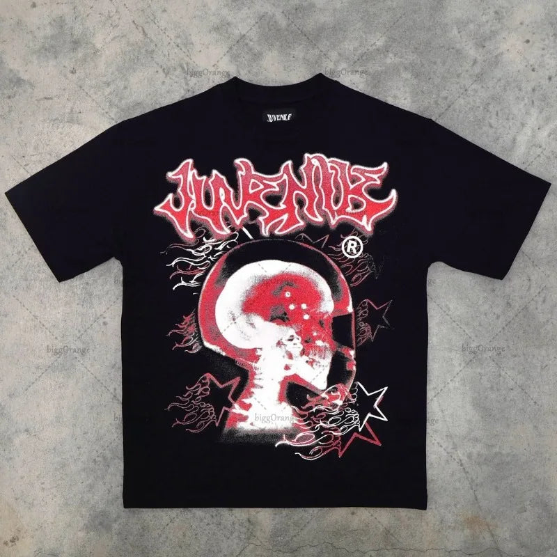 Trendy Brand Rock Punk Streetwear Y2K Harajuku Gothic Retro Pattern Printed Oversized T-shirt Men American Hip-hop Casual Tops Street King Limited