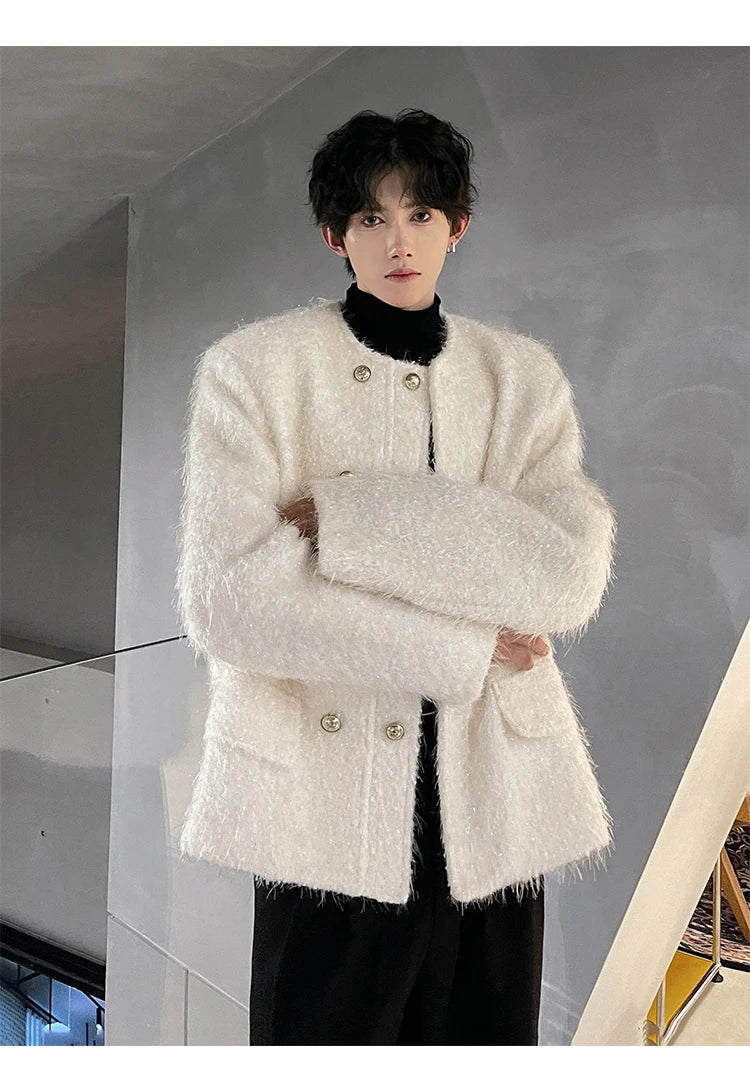 men double breasted french streetwear retro fashion loose casual tassels woolen short jacket man korean coat outerwear unique shorts style 1278