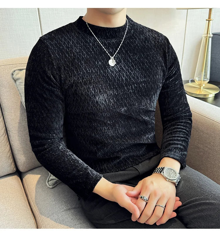 Autumn Winter Semi-turtleneck Stretch Slim Fit Long Sleeve Tshirt Men Thicken Velvet Jacquard Casual T-shirt Bottom T Shirt Street King Limited
