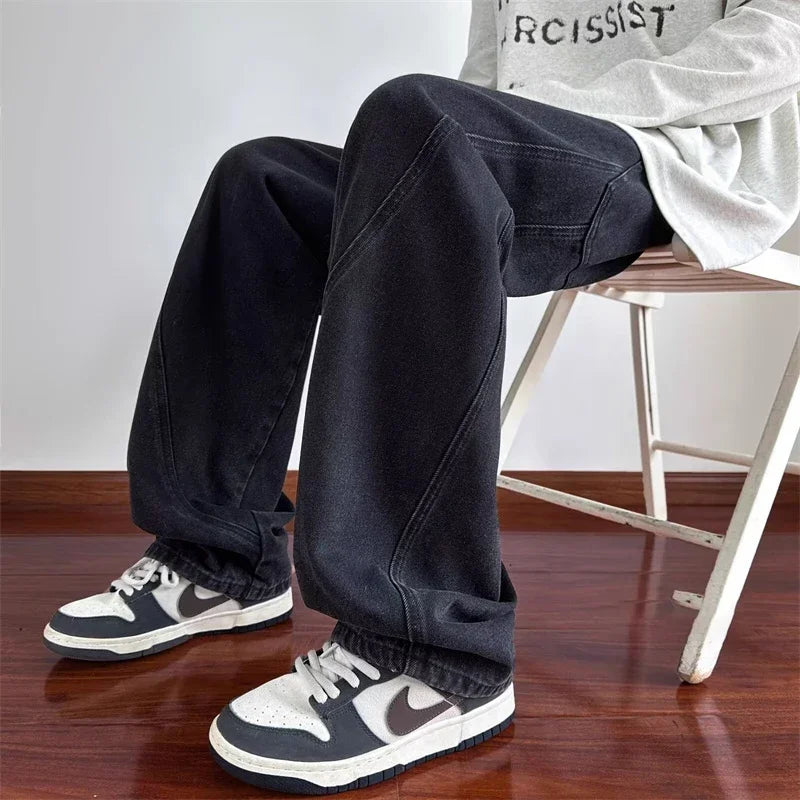 new vintage men s patchwork baggy jeans draped straight leg denim trousers autumn korean fashion high street casual y2k jean stacked flare jeans