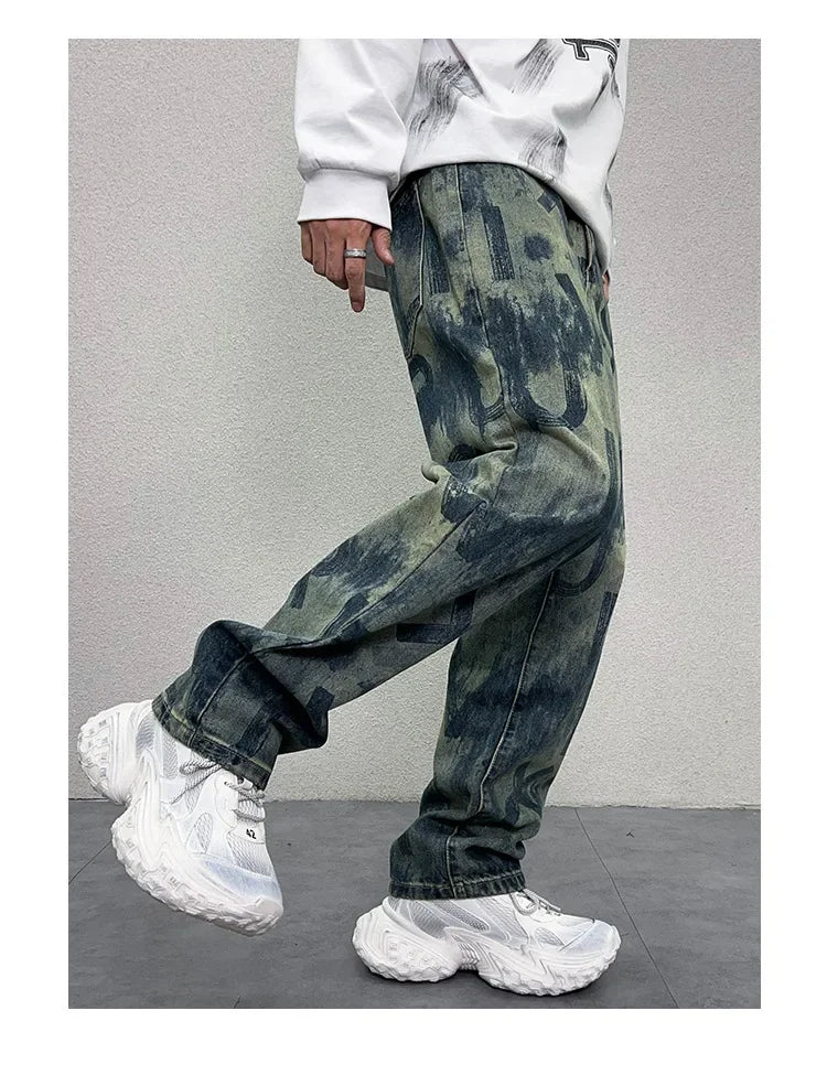 men loose casual american high street hip hop vibe printed denim baggy jeans pants man streetwear ripped jeans trousers unique jeans style 2980