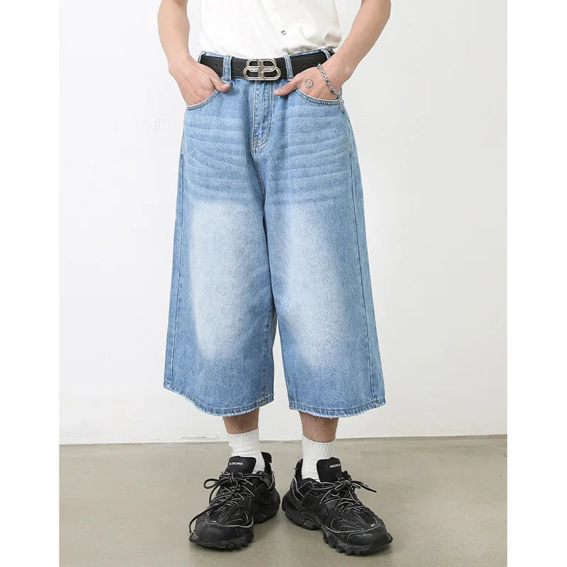 men summer streetwear fashion loose casual wide leg denim calf length jeans pants male vintage jeans baggy hosen pants stacked flare jeans