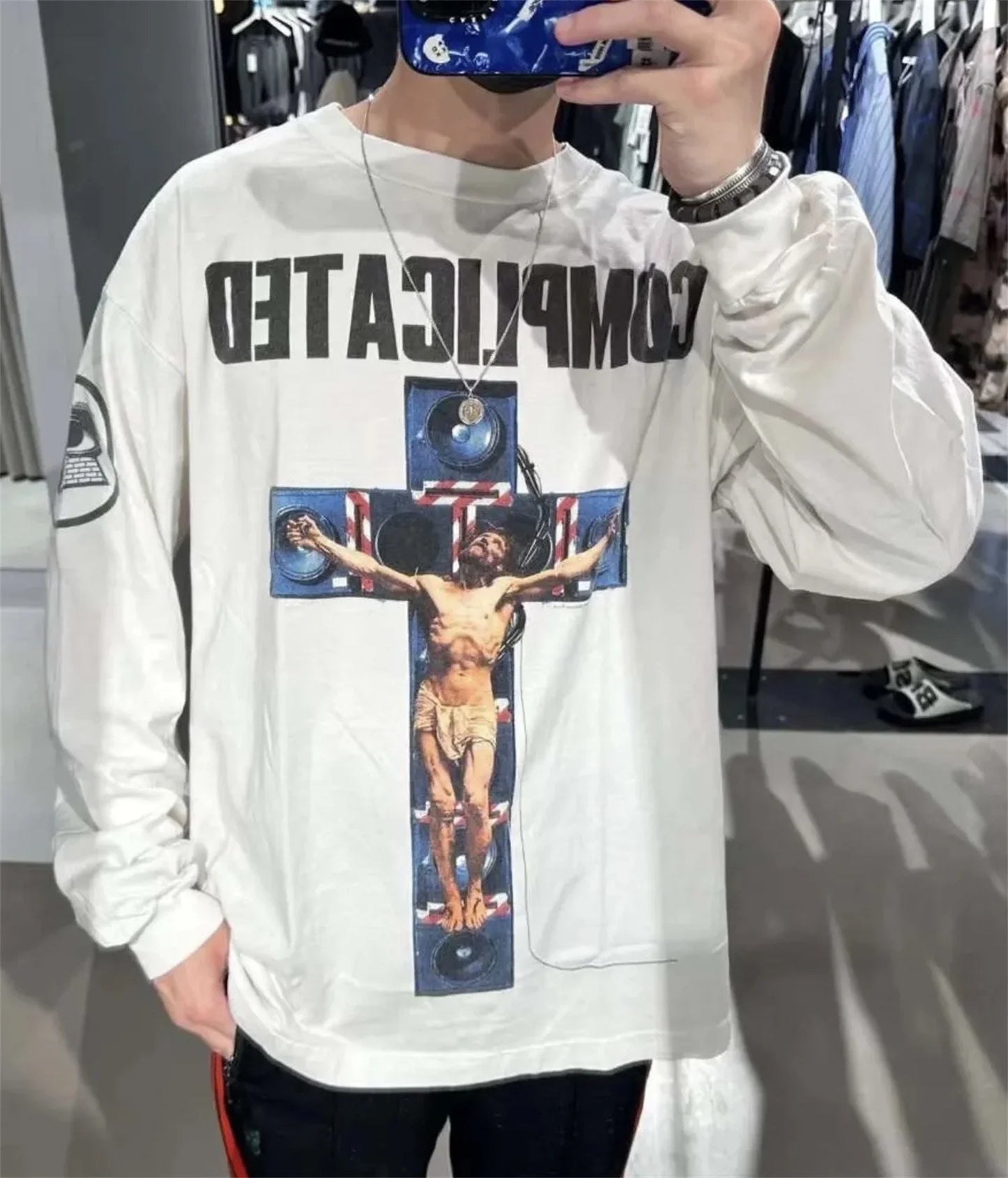Summer 24ss Cross Print Brand Fashion Round Neck High-Street Round Neck Cotton Long Sleeve T Shirt Pullover Street King Limited