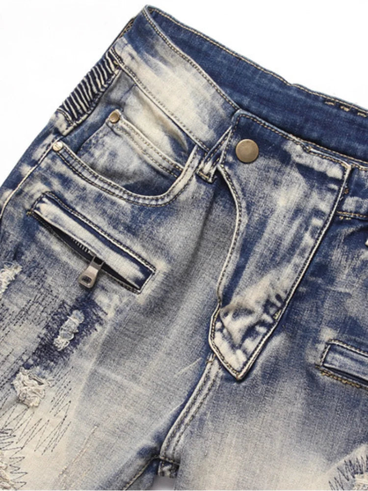 distressed washed pleated denim jean pants new fashion biker jeans streetwear casual slim pants jogger y2k mens skinny joggers sporty tapered joggers