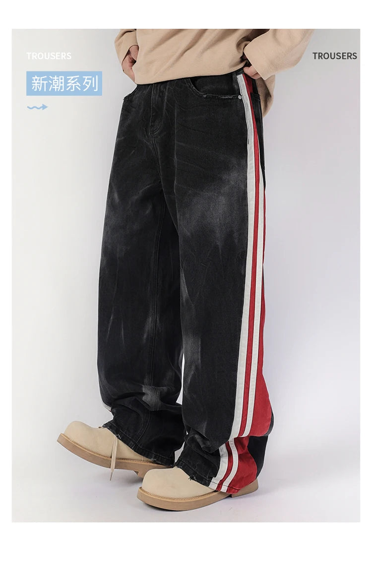 men streetwear fashion side splice hip hop loose casual wide leg straight baggy jeans pant cityboy jeans pants trousers unique jeans style 2500