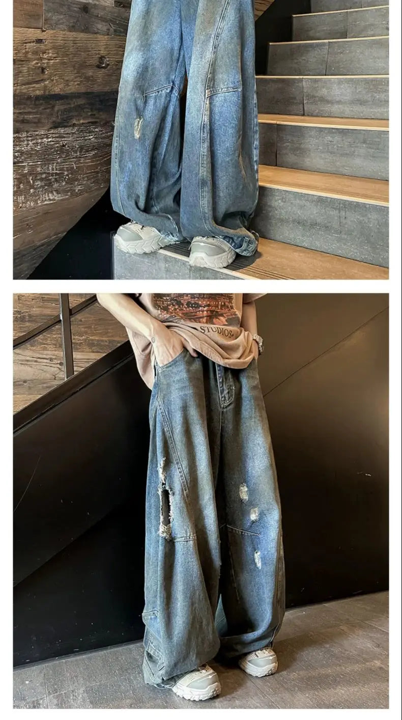 american style dirty and torn hole design straight leg wide leg jeans for men and women high street loose street casual pants unique jeans style 656