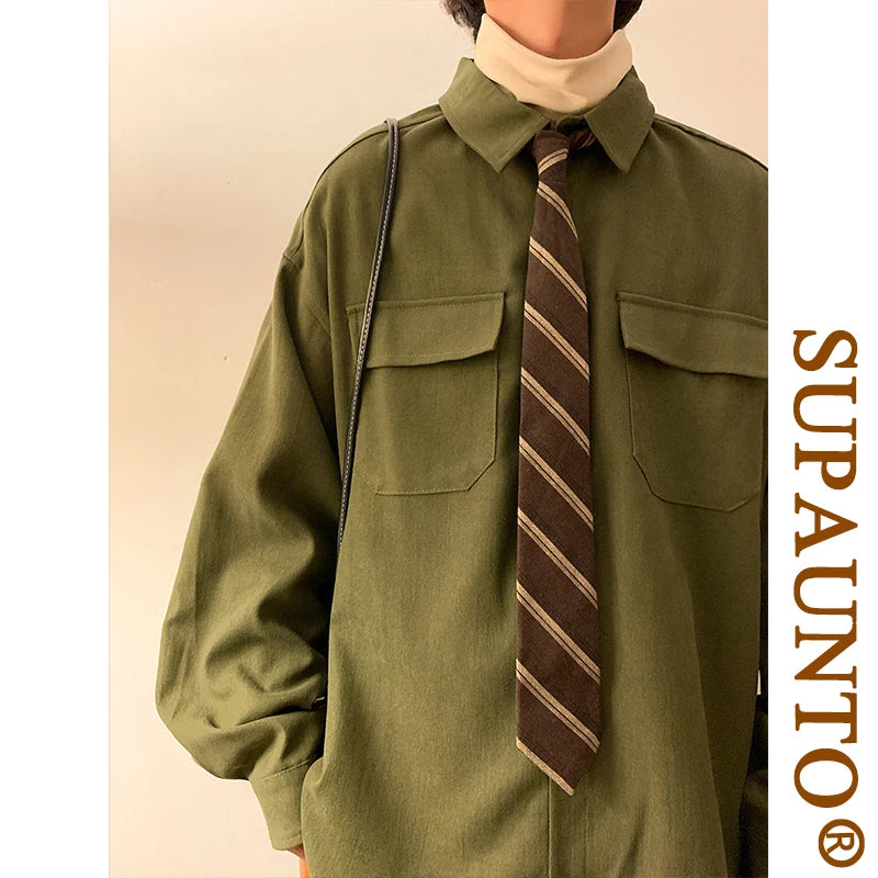 Spring Long Sleeved Shirt Men Fashion Retro Pocket Shirt Men Japanese Streetwear Loose Casual Shirt Mens Vintage Shirts M-3XL Street King Limited