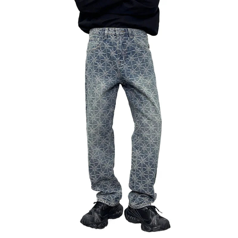 men jacquard streetwear hip hop vibe casual straight denim jeans pants boyfriend high street ripped jeans trousers ripped baggy denim