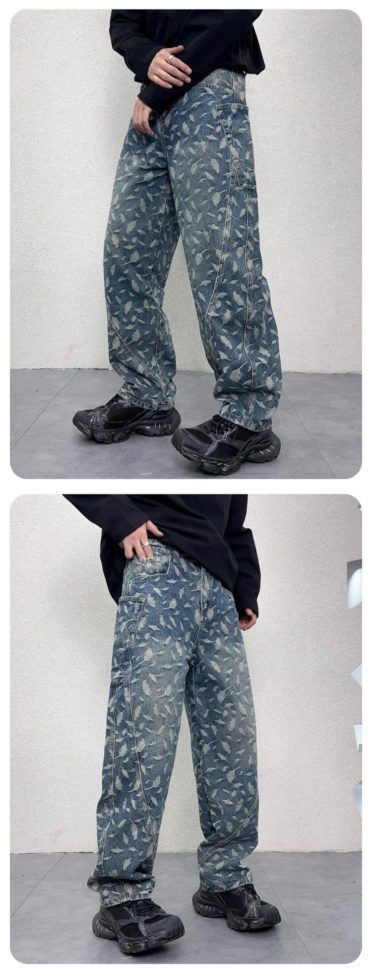 men jacquard loose casual hip hop vibe splice pocket denim baggy jeans pants man streetwear ripped jeans trousers boyfriend unique jeans style 2997