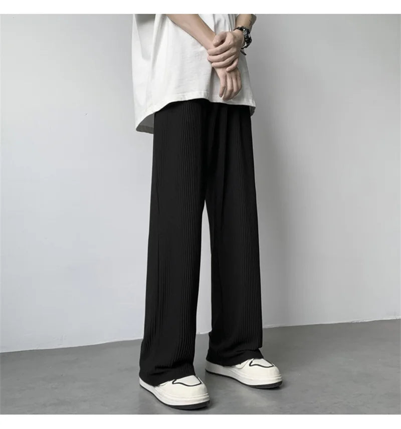summer texture straight pants for men korean fashion baggy wide leg trousers casual drape pleated striped y2k pantalones hombre unique default style 495