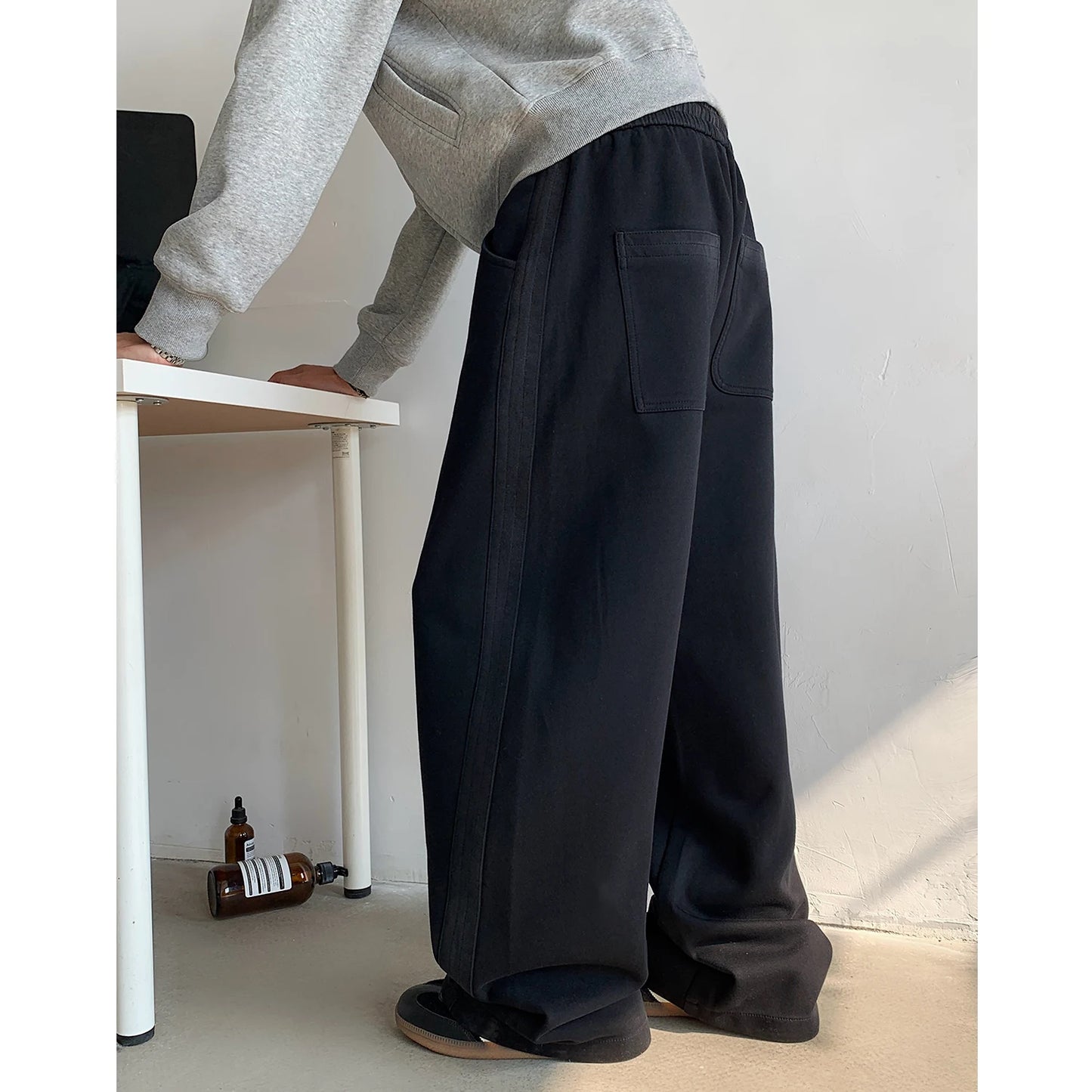 winter new mens tie dye fleece casual pants side striped wide leg straight sweatpants neutral high quality long baggy trousers unique joggers style 873
