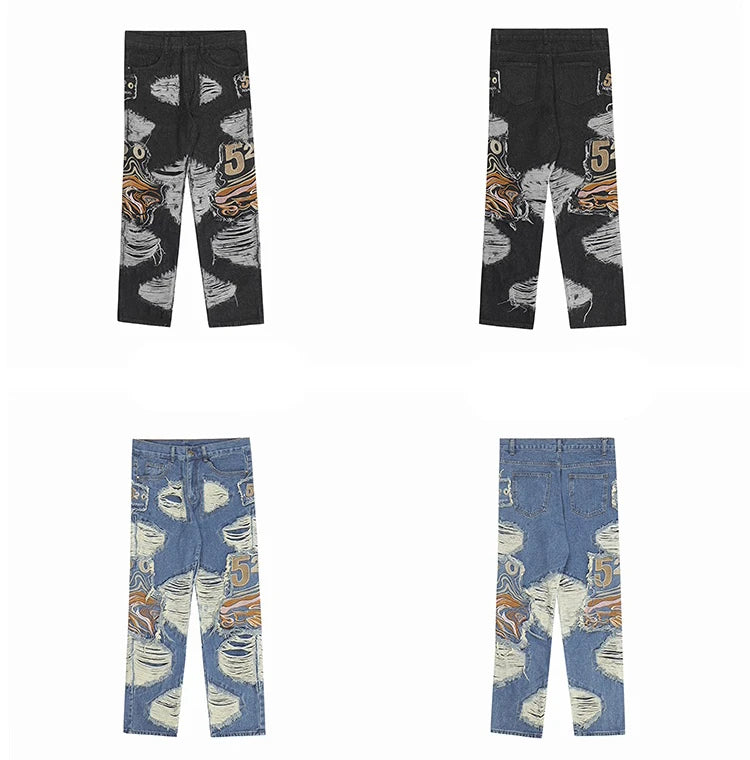 fashion embroidery destroyed ripped tassel holes denim jean pants mens casual loose straight jeans hip hop streetwear joggers unique joggers style 3341