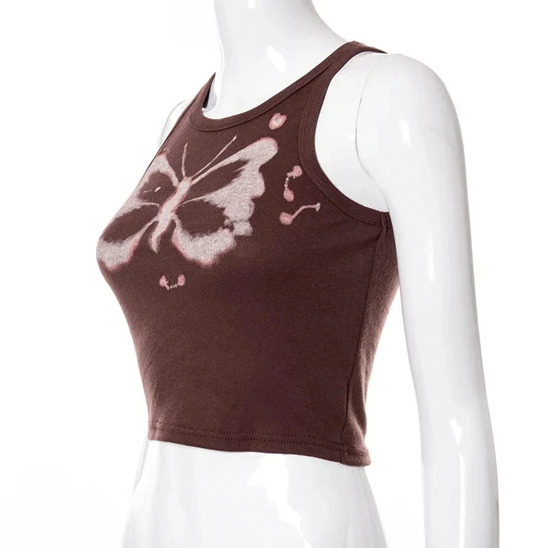 Top women Y2K Aesthetics Butterfly Print Brown Crop Tops Indie Streetwear O-neck Sleeveless Tank Tops 90s Fashion Summer Vests Street King Limited