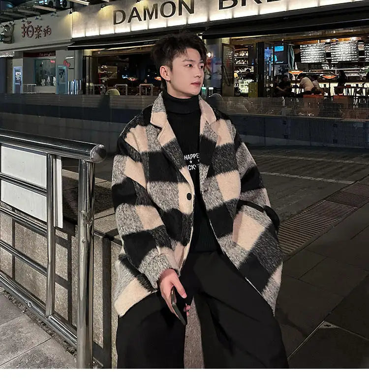 plaid woolen trenchcoat men autumn winter fashion retro streetwear suit collar loose casual trendy trench coat outerwear unique default style 1189