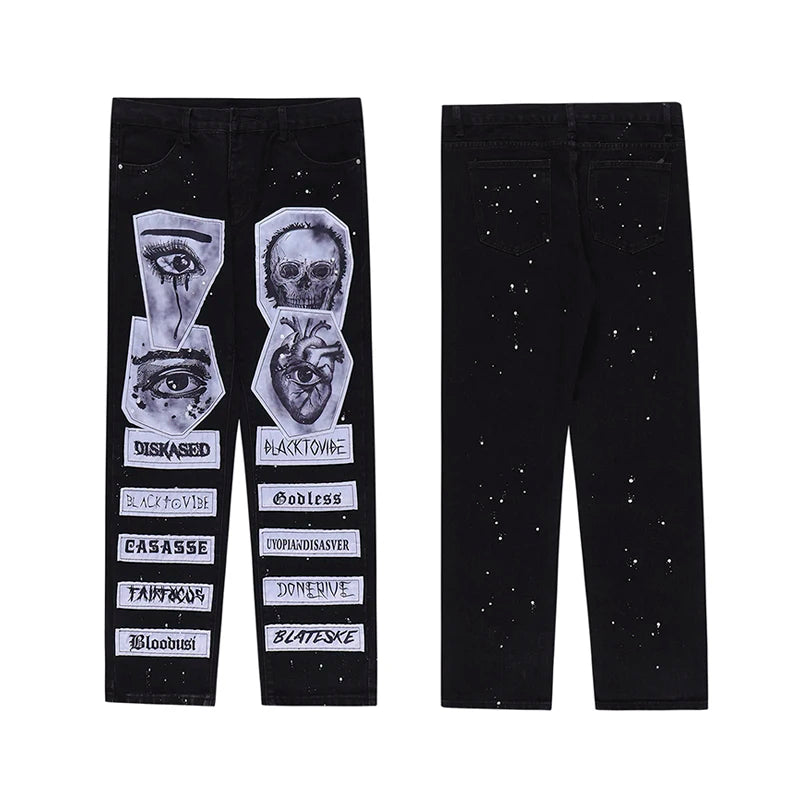 fashion skull graffiti patchwork denim jeans mens zipper jeans hip hop streetwear casual harajuku straight joggers jeans pants unique joggers style 5469