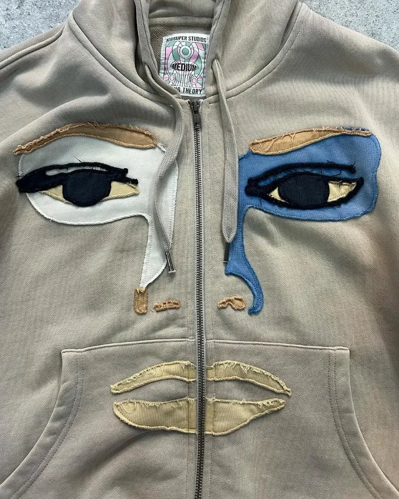Fashionable Cartoon Embroidered Oversized Cardigan Jacket Women Y2k Harajuku Hip-hop Gothic Punk Casual Loose Zipper Hoodie Men Street King Limited