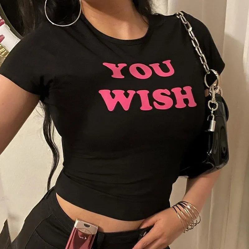 Aesthetic Fashion 2000S Cute Pink Letter Print Black Baby Tee Y2K Clothes Streetwear Vintage Short Sleeve Crop Top Women T-shirt Street King Limited